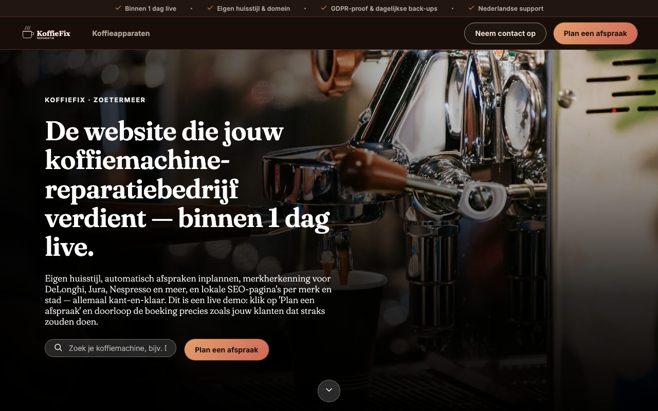 Homepage van de KoffieFix demo demo