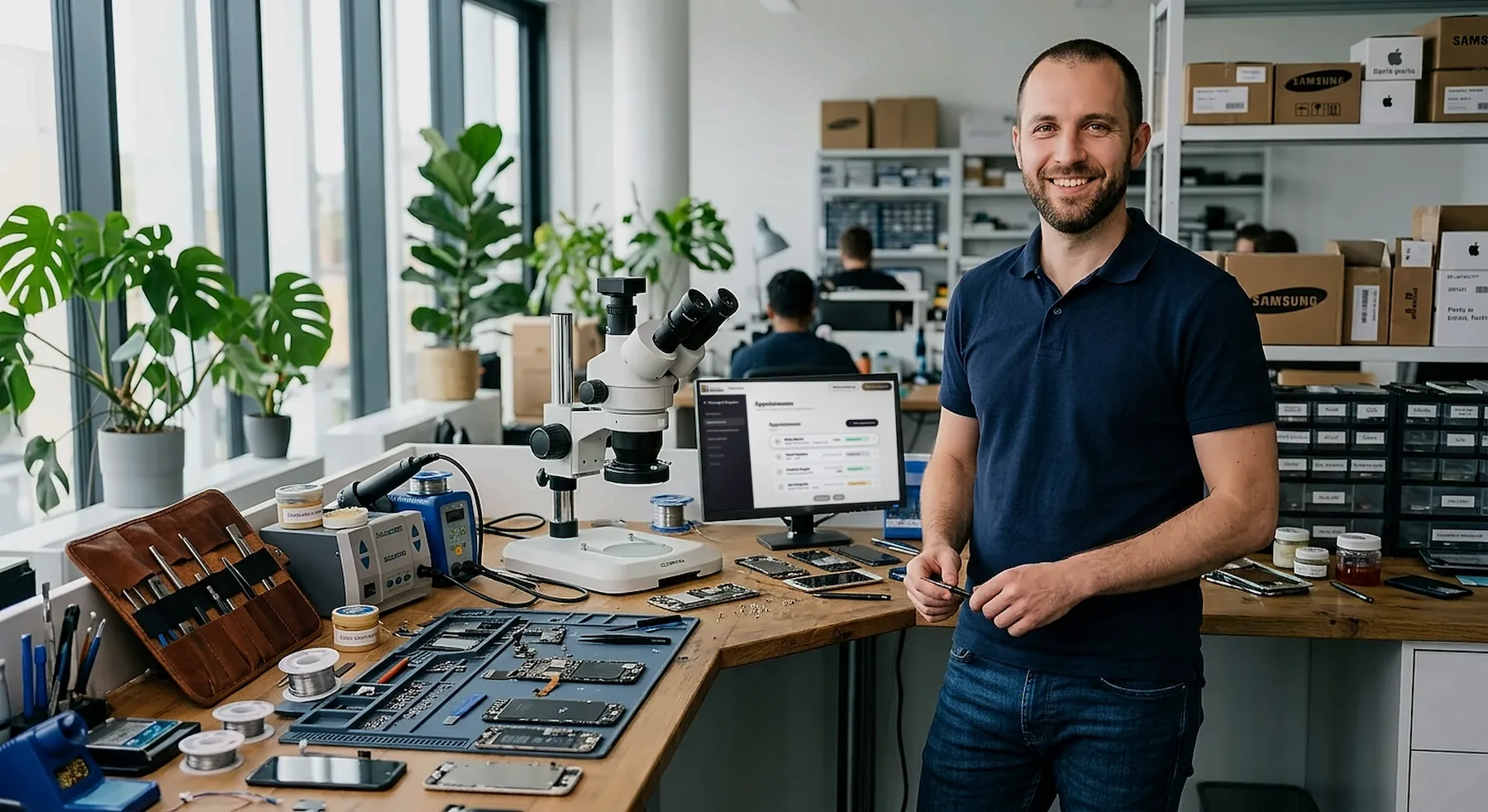 Een lachende reparateur in zijn werkplaats, met microscoop, soldeerstation en gereedschap op de werkbank