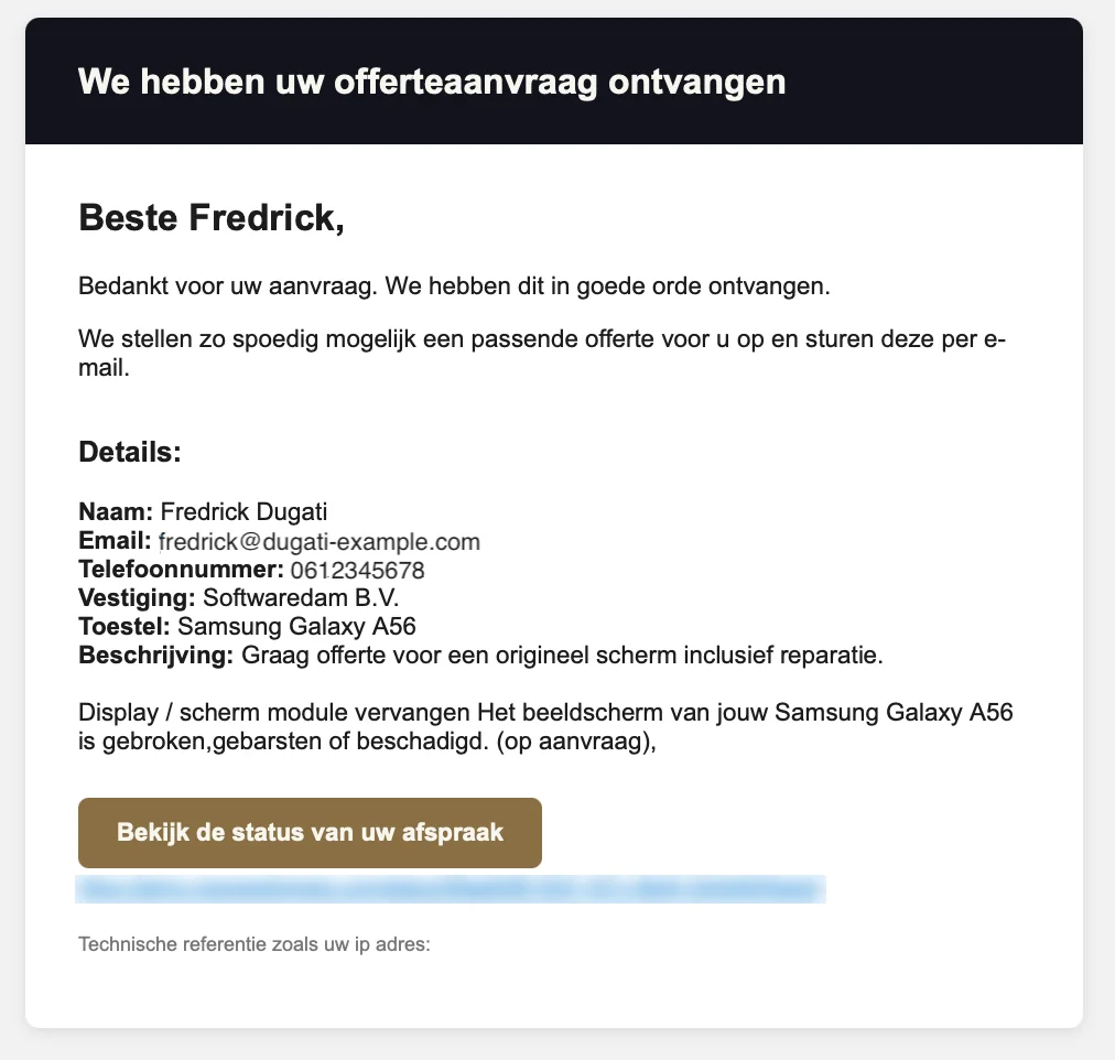 De bevestigingsmail die de klant ontvangt na zijn offerteaanvraag
