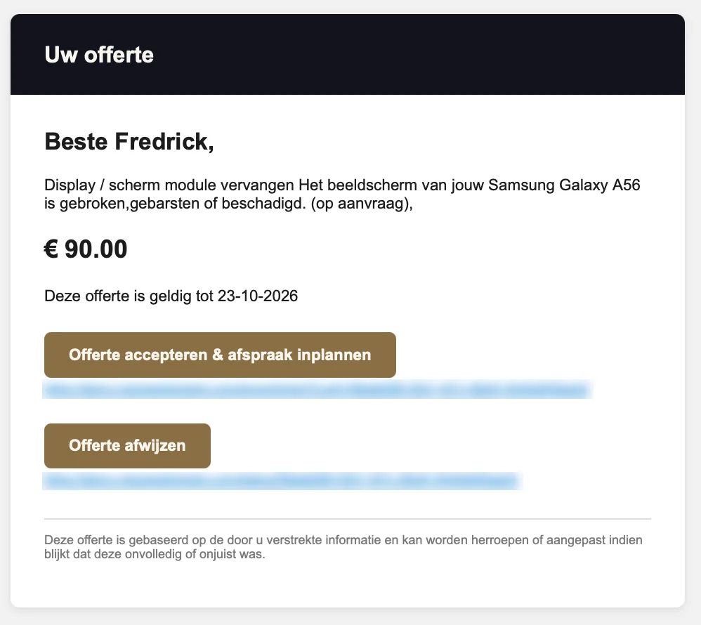 De offertemail die de klant ontvangt, met prijs en een knop om te accepteren
