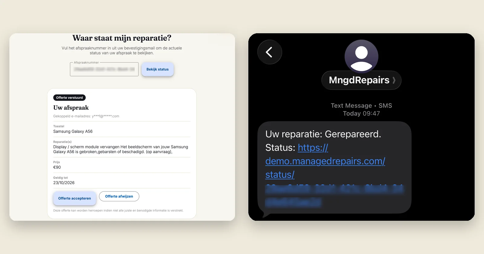 De statuspagina van de klant met de offerte, naast de sms met de link ernaartoe
